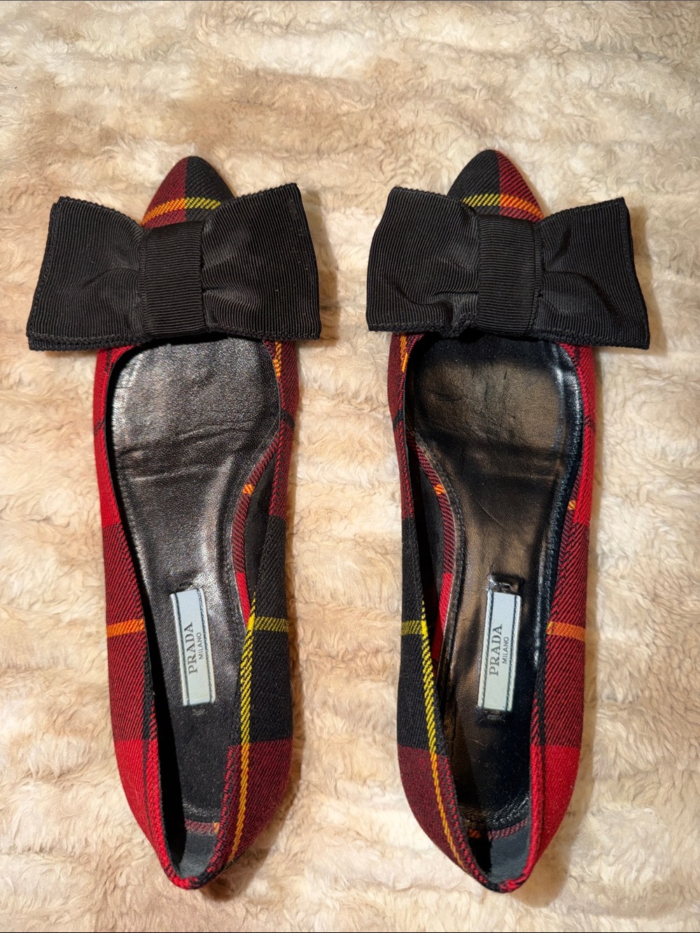 Prada Red Plaid Pointed-Toe Flats with Black Bow